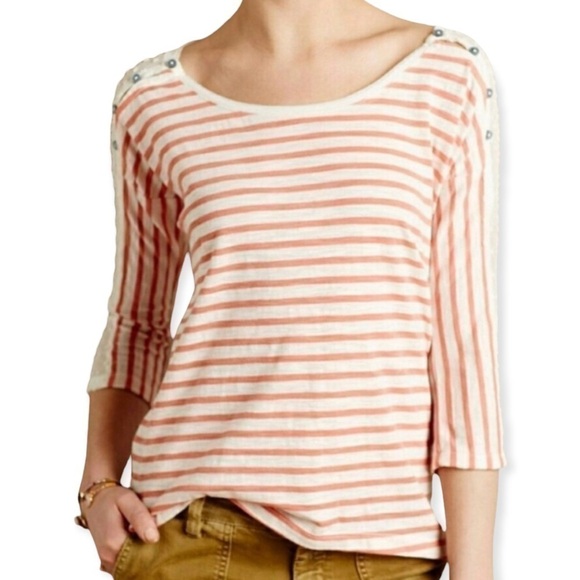 little Yellow Button Anthropologie Orange White Stripe Mabel Top, Medium - Picture 1 of 10